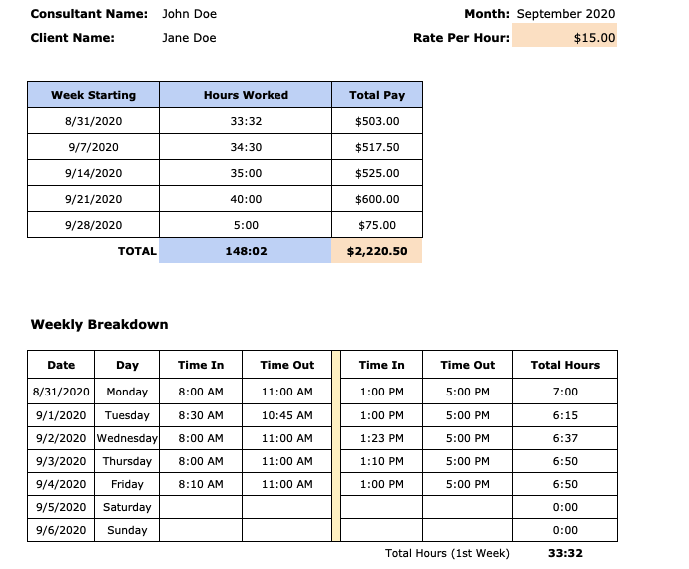 Free Consultant Timesheet Templates Excel PDF Word 