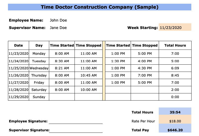 Free construction timesheet template (Excel PDF Word)