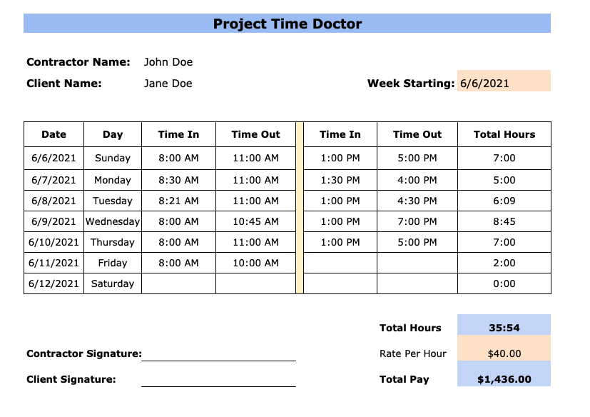 Contractor Timesheet Invoice Template