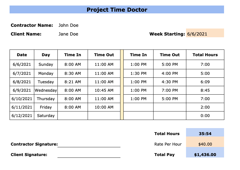 Construction Timesheet Template Excel