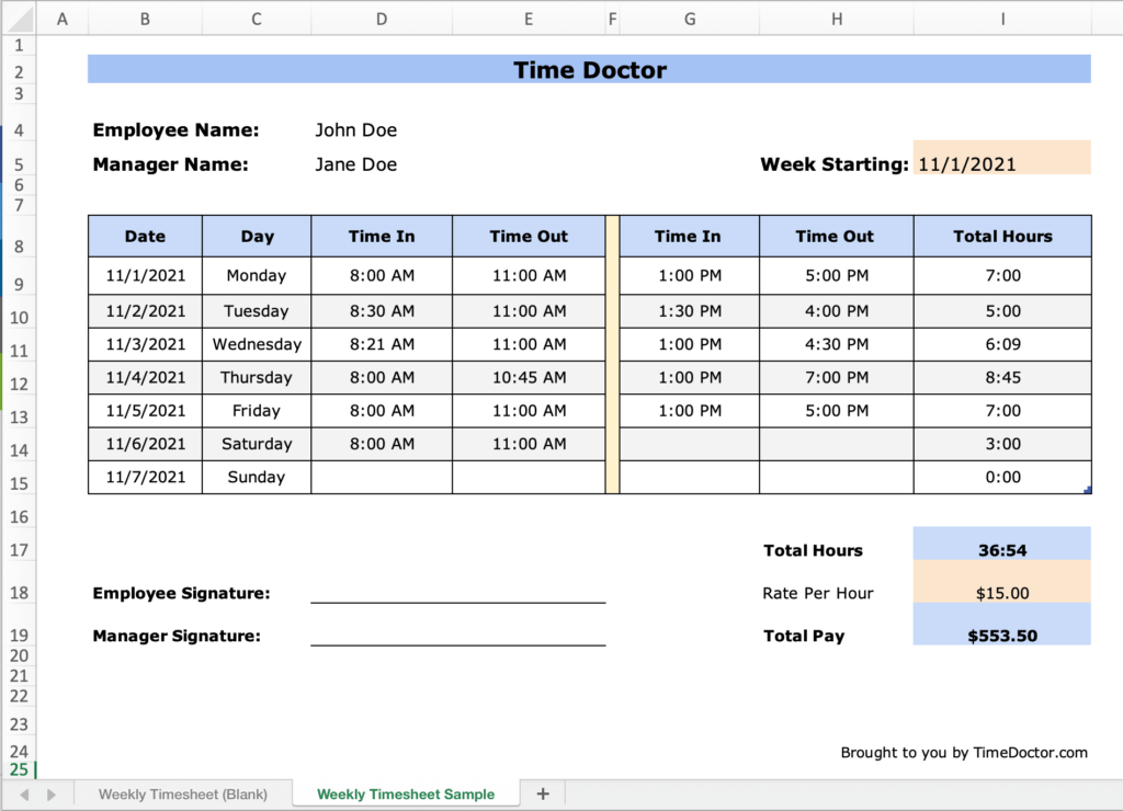 work hours excel template