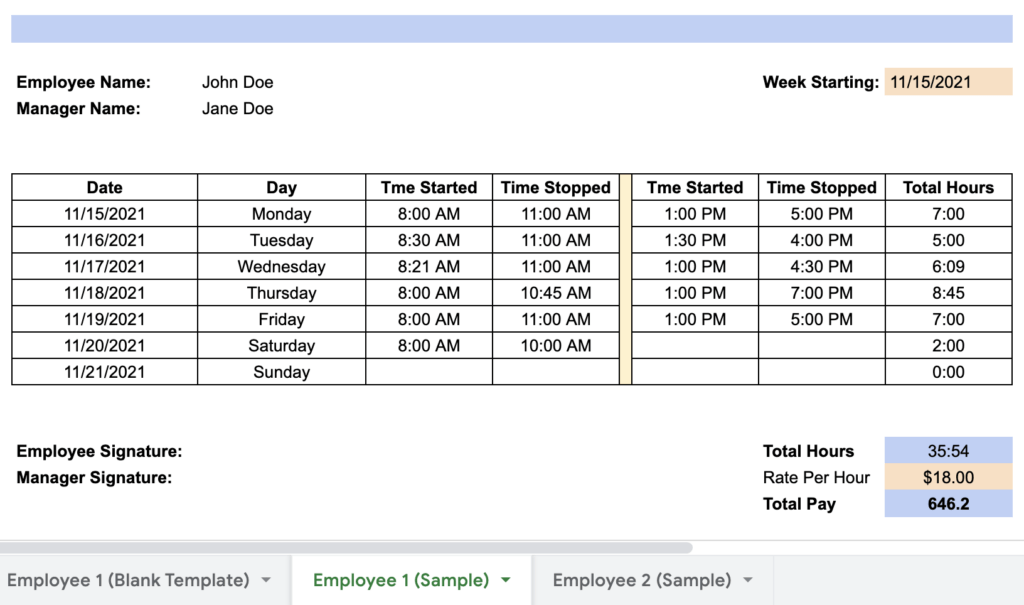 multiple employee weekly timesheet template