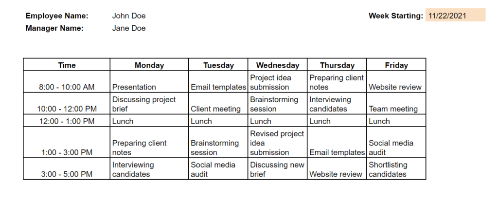 weekly itinerary template excel